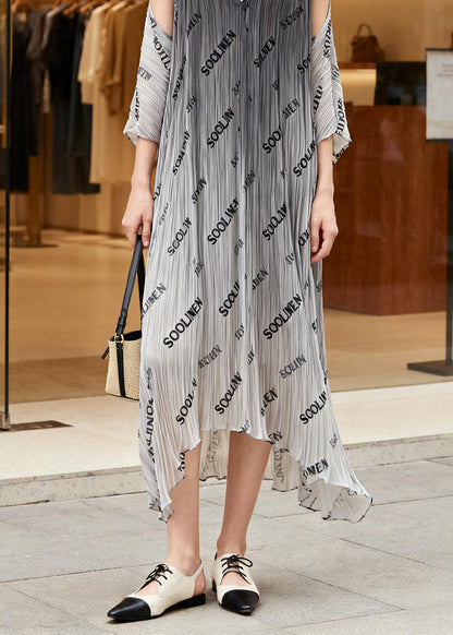 Italian Gradient Grey V Neck Graphic Print Wrinkled Chiffon Dresses Summer