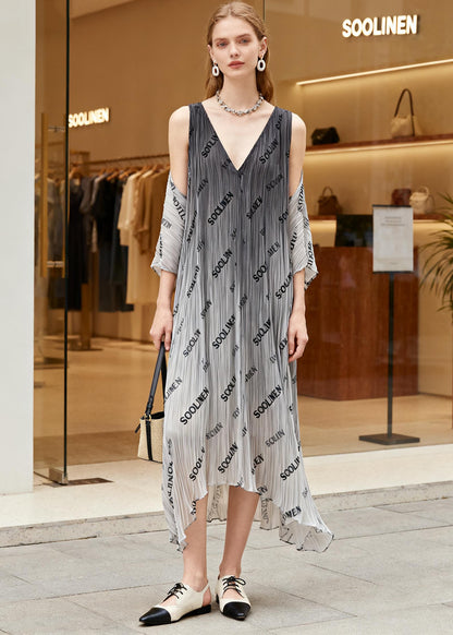 Italian Gradient Grey V Neck Graphic Print Wrinkled Chiffon Dresses Summer