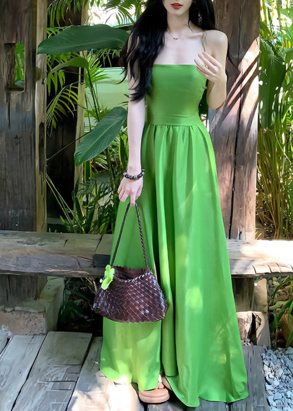 Italian Grass Green Backless Exra Large Hem Cotton Cami Dresses Summer