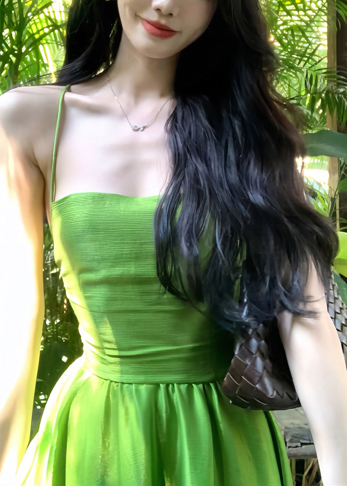 Italian Grass Green Backless Exra Large Hem Cotton Cami Dresses Summer