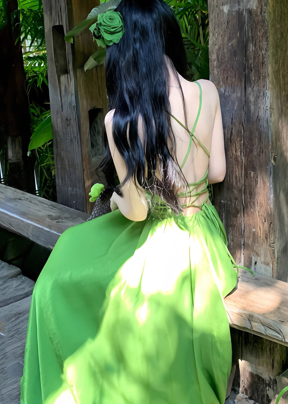 Italian Grass Green Backless Exra Large Hem Cotton Cami Dresses Summer