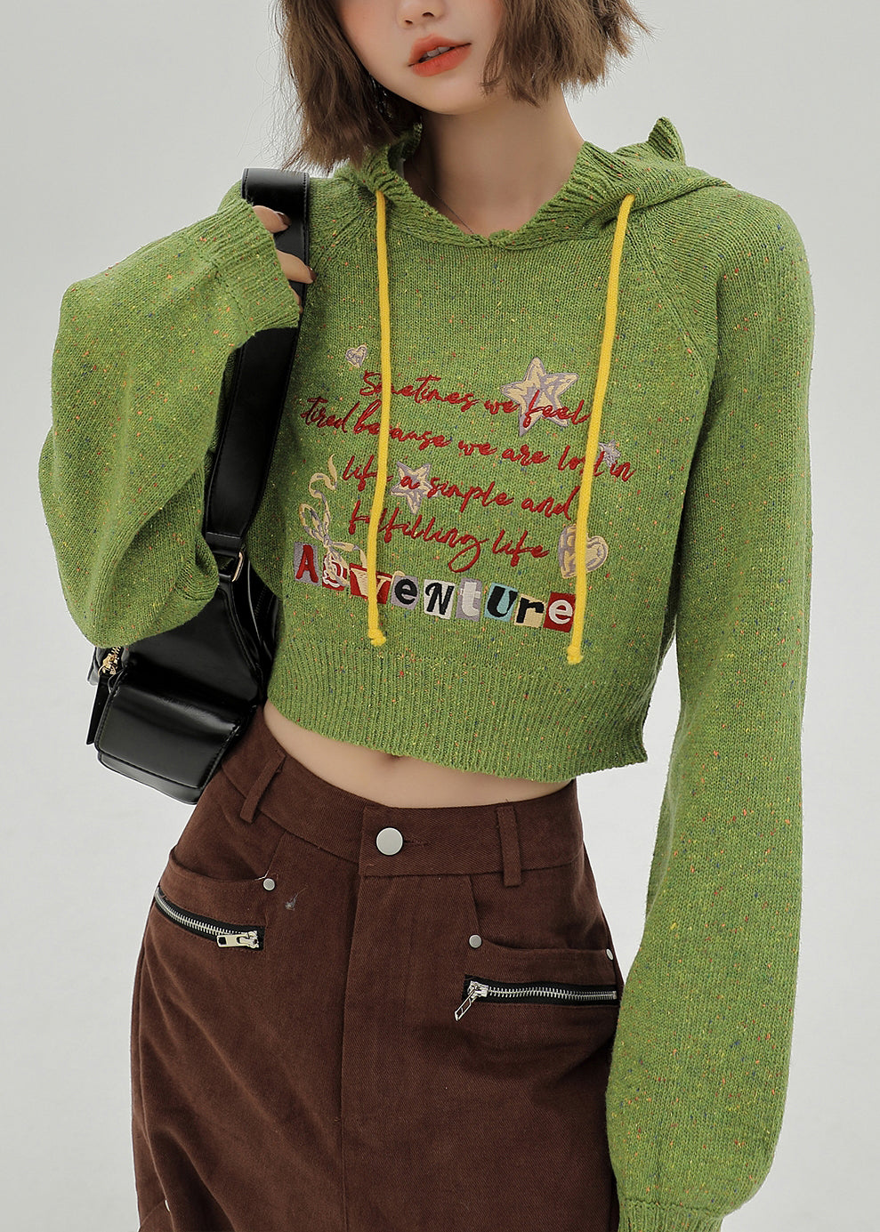 Italian Grass Green Hooded Letter Knit Sweaters Winter