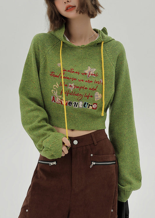 Italian Grass Green Hooded Letter Knit Sweaters Winter