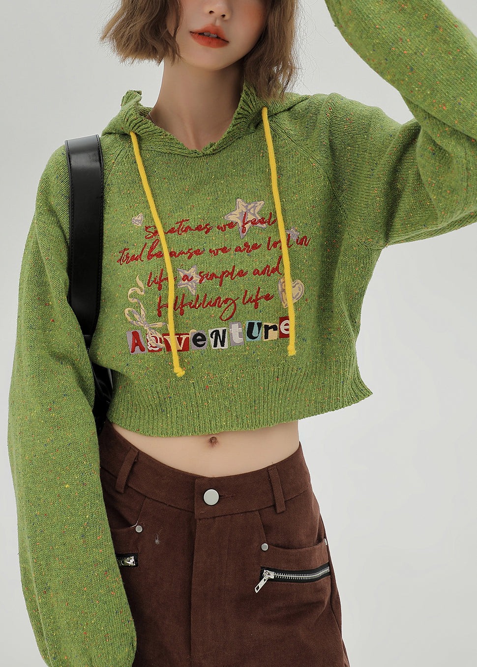 Italian Grass Green Hooded Letter Knit Sweaters Winter