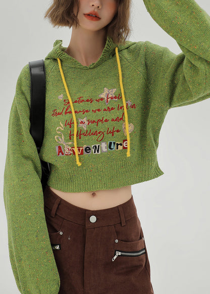 Italian Grass Green Hooded Letter Knit Sweaters Winter