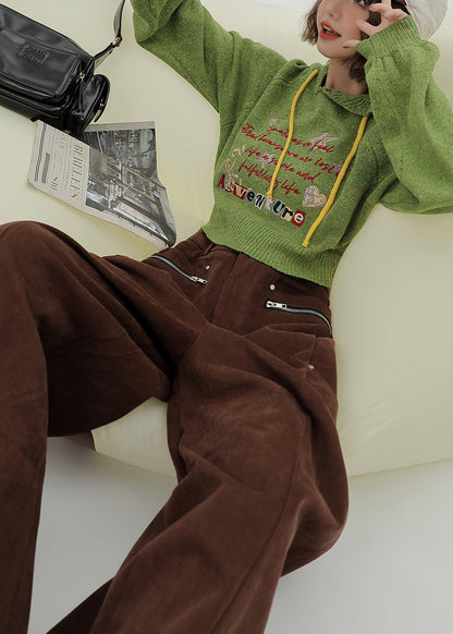 Italian Grass Green Hooded Letter Knit Sweaters Winter