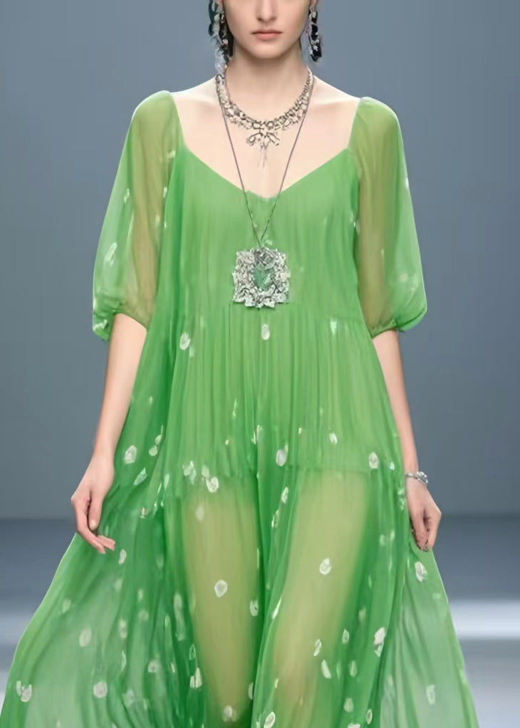 Italian Grass Green Oversized Print Chiffon Dresses Summer