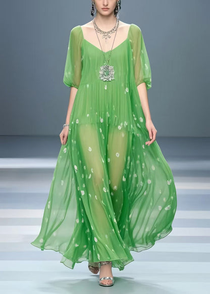 Italian Grass Green Oversized Print Chiffon Dresses Summer