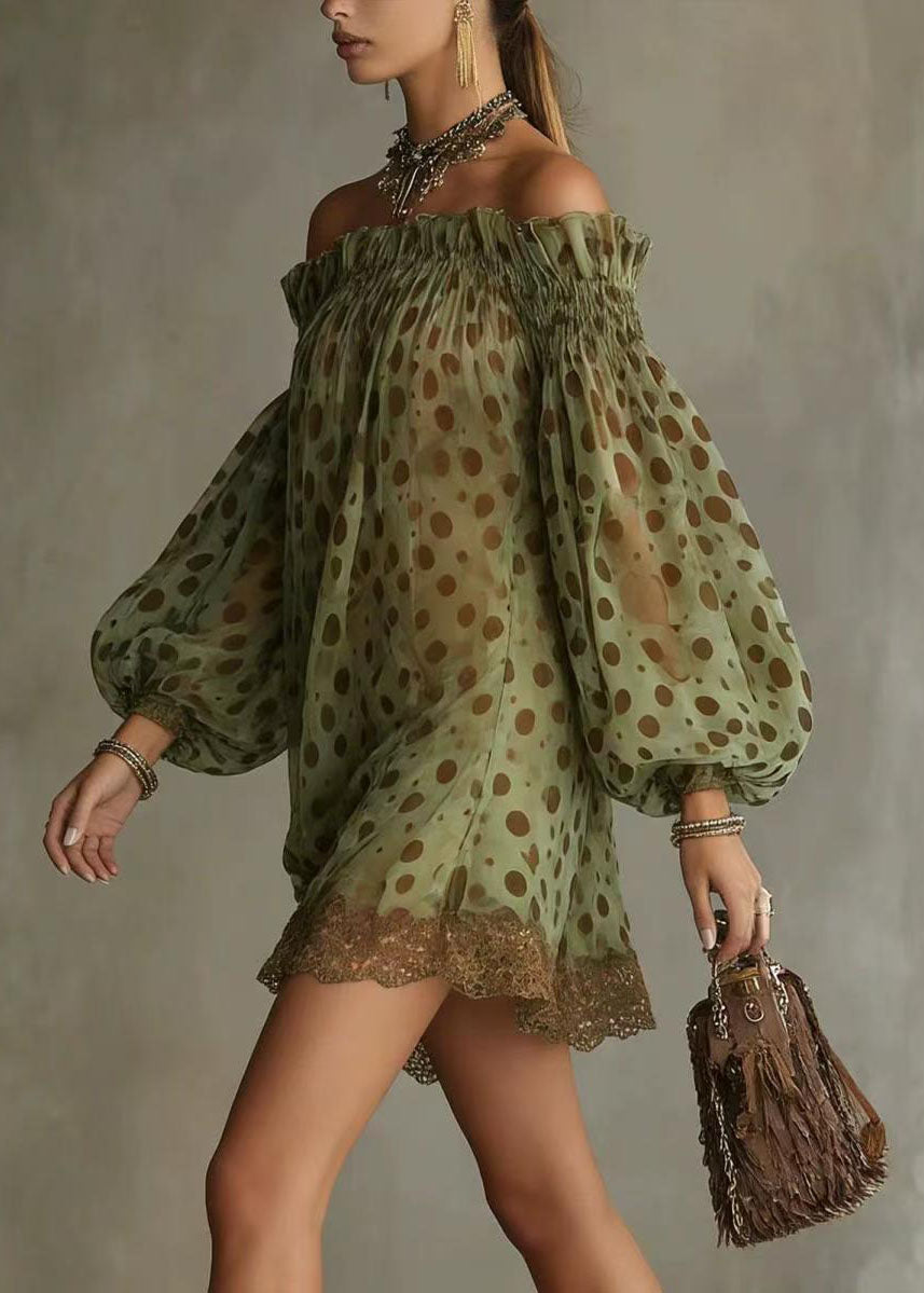 Italian Green Dot Slash Neck Patchwork Lace Mini Dress Long Sleeve
