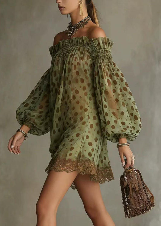 Italian Green Dot Slash Neck Patchwork Lace Mini Dress Long Sleeve