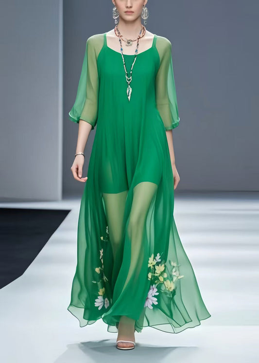Italian Green Floral Chiffon Vacation Dresses Bracelet Sleeve