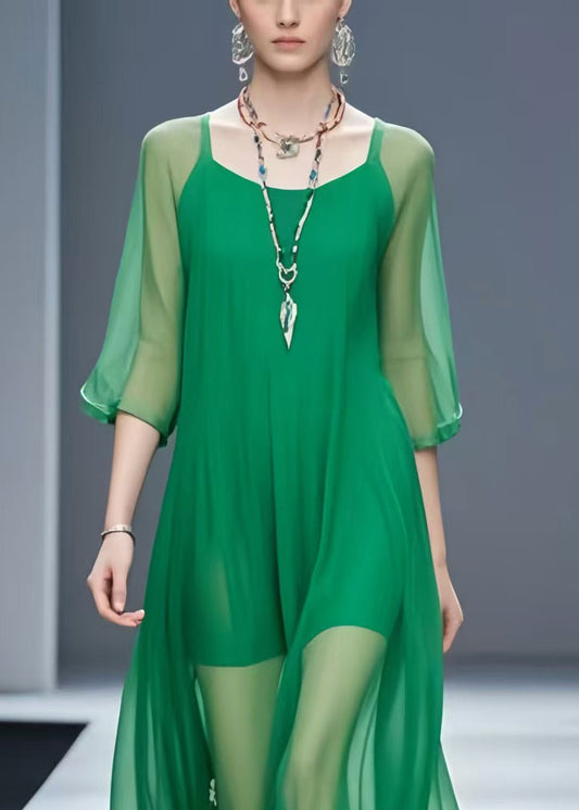 Italian Green Floral Chiffon Vacation Dresses Bracelet Sleeve