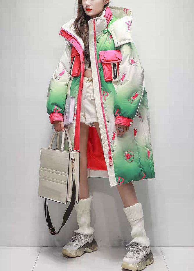 Italian Green Gradient Color Zip Up Pockets Patchwork Duck Down Long Coats