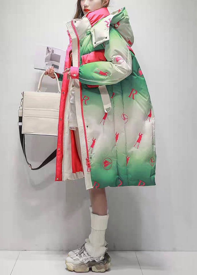 Italian Green Gradient Color Zip Up Pockets Patchwork Duck Down Long Coats