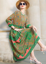 Load image into Gallery viewer, Italian Green O Neck Print Drawstring Patchwork Silk Dress Summer