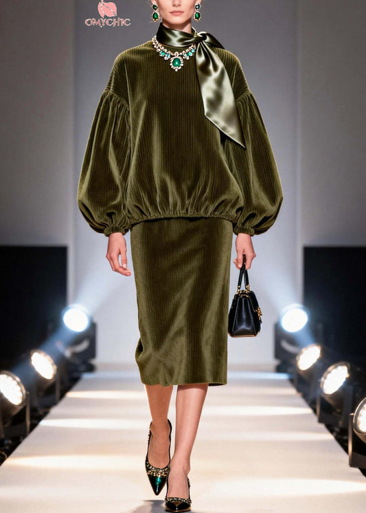 Italian Green Oversized Corduroy Two Pieces Set Fall