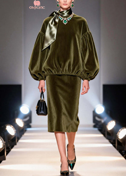 Italian Green Oversized Corduroy Two Pieces Set Fall