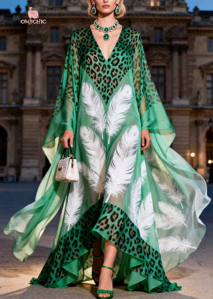 Italian Green Oversized Print Exra Large Hem Chiffon Maxi Dresses Summer