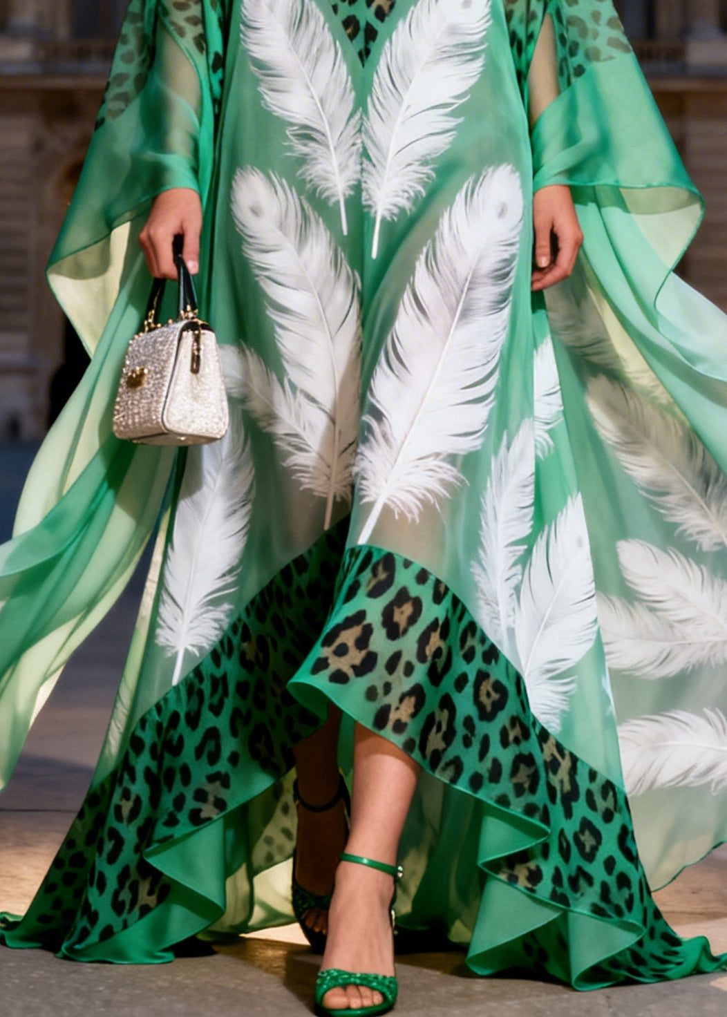 Italian Green Oversized Print Exra Large Hem Chiffon Maxi Dresses Summer