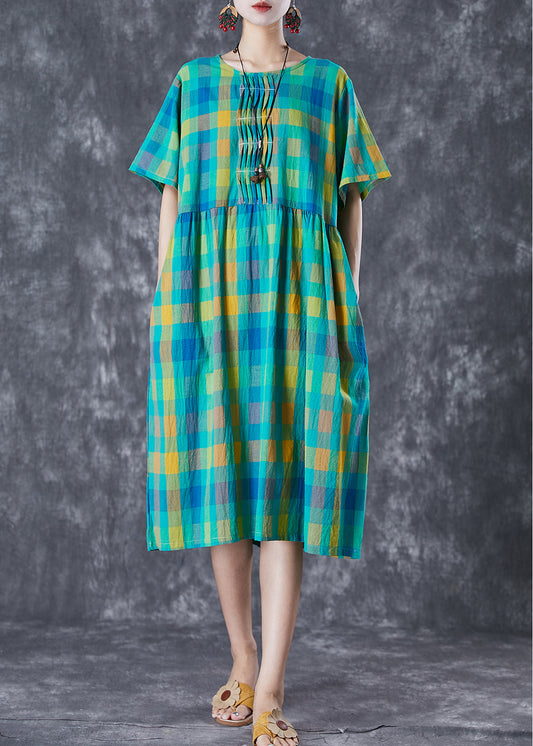 Italian Green Plaid Wrinkled Linen Vacation Dresses Summer