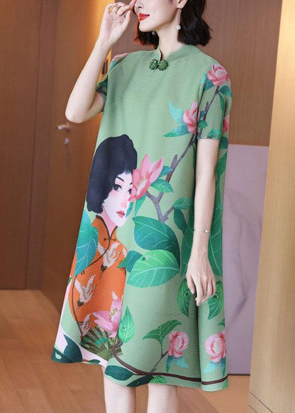 Italian Green Print Oriental Half Sleeve Party Dress Summer - SooLinen