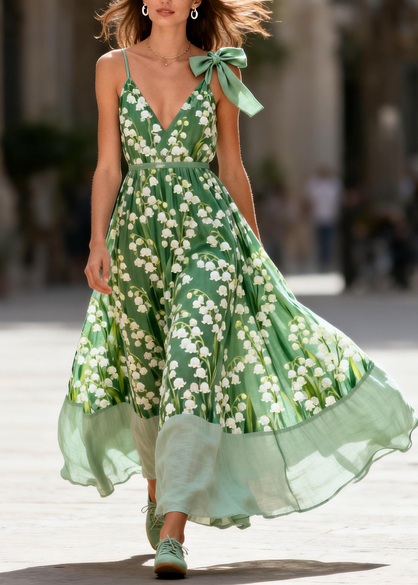 Italian Green Print Patchwork Exra Large Hem Cami Dresses Summer