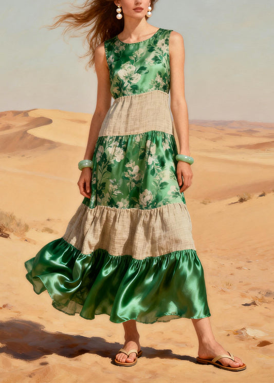 Italian Green Print Patchwork Linen Silk Dresses Summer