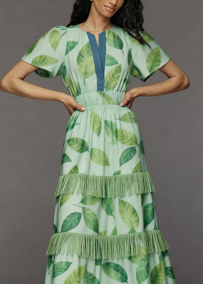 Italian Green Print Tasseled Patchwork Cotton Maxi Dresses Summer