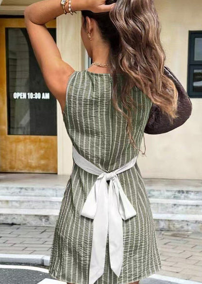 Italian Green Striped Tie Waist Linen Day Dress Sleeveless