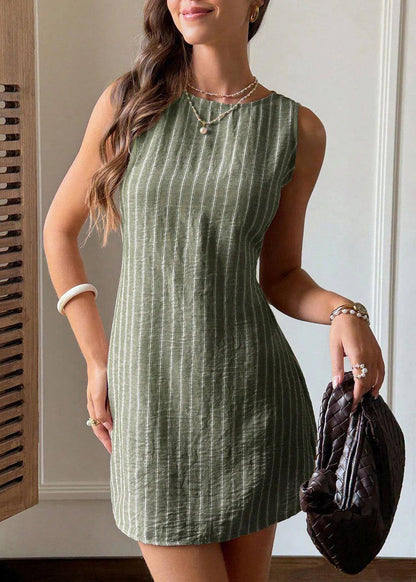 Italian Green Striped Tie Waist Linen Day Dress Sleeveless