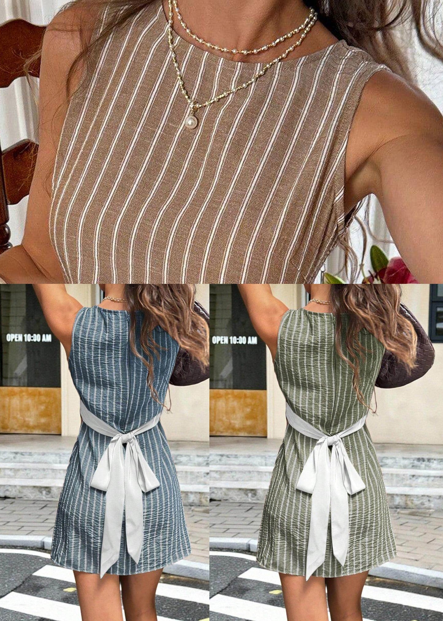 Italian Green Striped Tie Waist Linen Day Dress Sleeveless