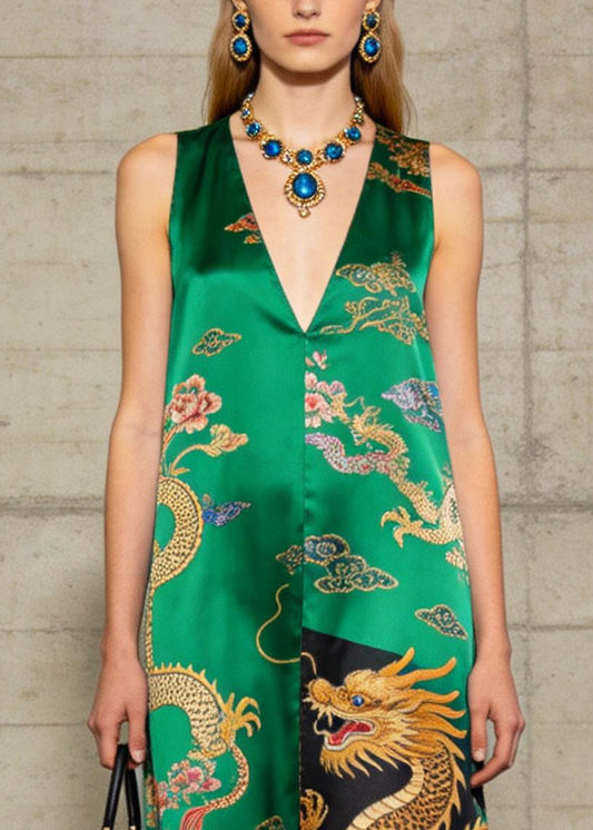 Italian Green Tasseled Print Silk Long Dress Summer
