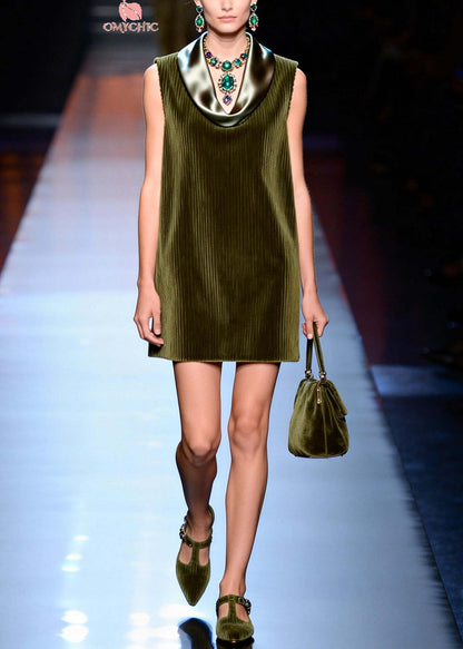 Italian Green Turtle Neck Patchwork Corduroy Day Dress Sleeveless