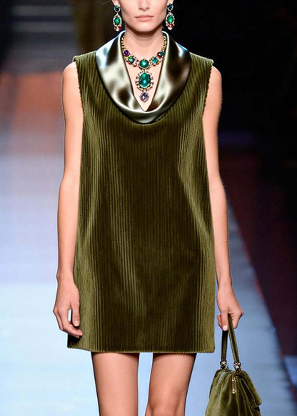 Italian Green Turtle Neck Patchwork Corduroy Day Dress Sleeveless