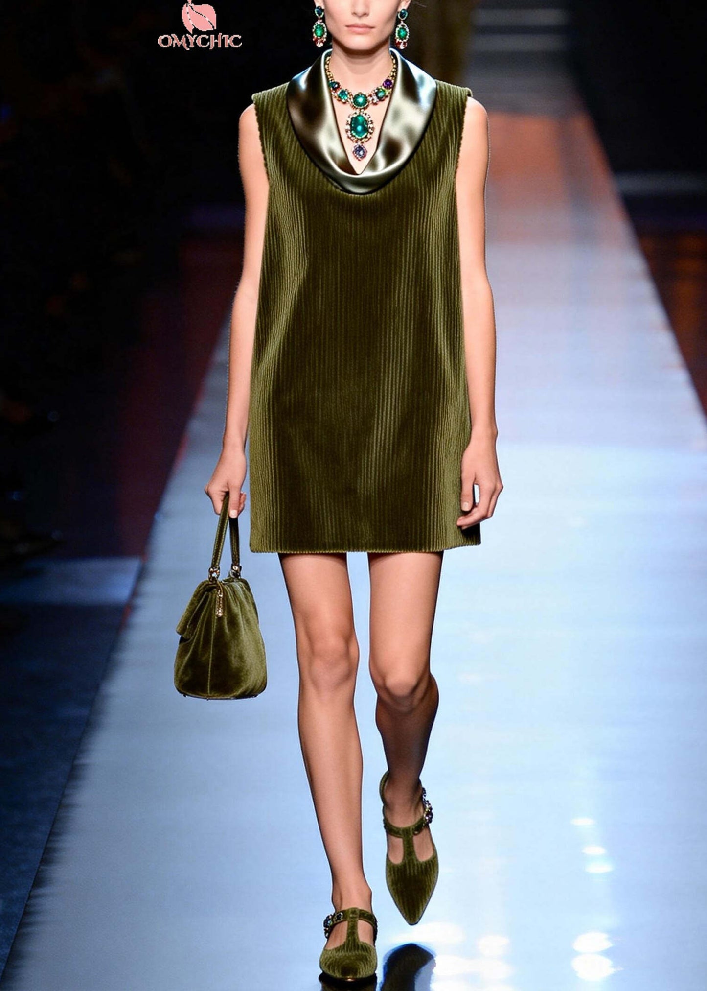 Italian Green Turtle Neck Patchwork Corduroy Day Dress Sleeveless