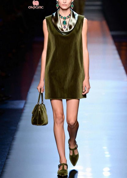 Italian Green Turtle Neck Patchwork Corduroy Day Dress Sleeveless