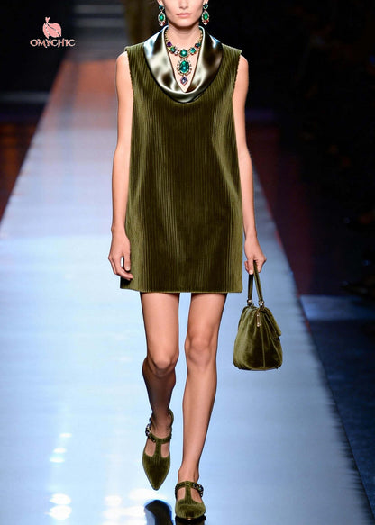 Italian Green Turtle Neck Patchwork Corduroy Day Dress Sleeveless