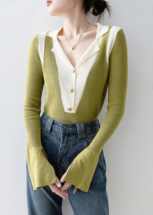 Italian Green V Neck Patchwork Knit Top Flare Sleeve