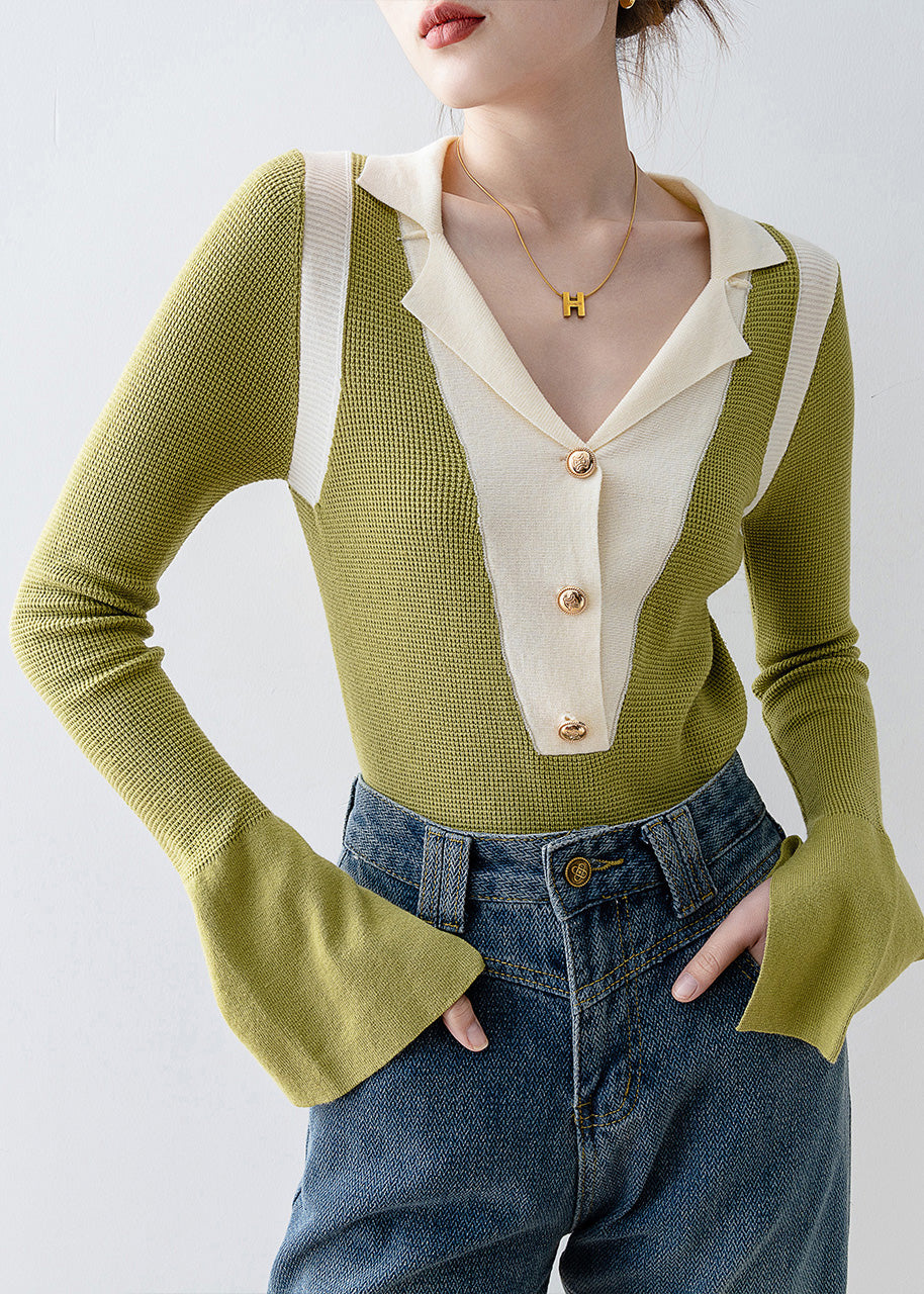 Italian Green V Neck Patchwork Knit Top Flare Sleeve