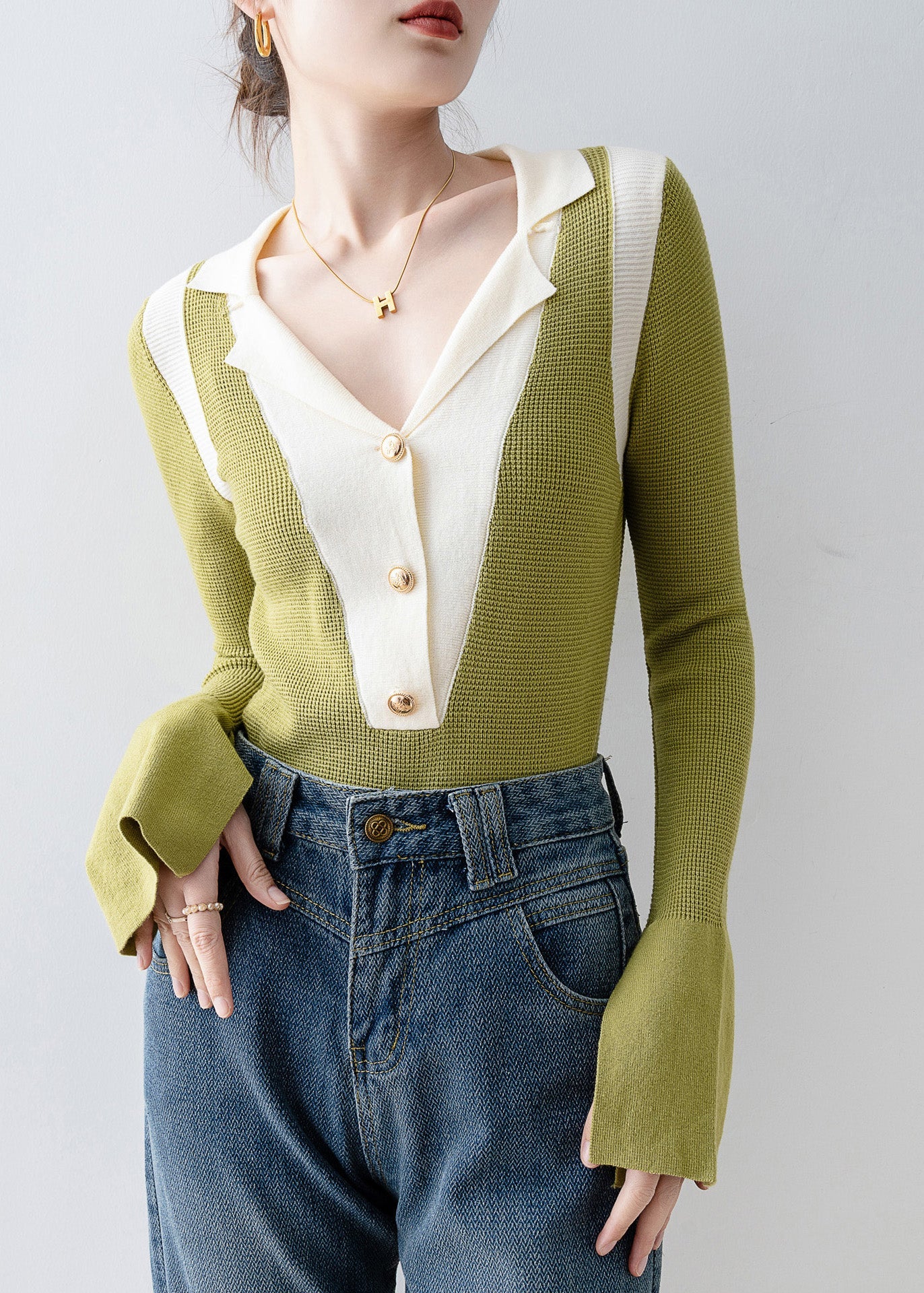 Italian Green V Neck Patchwork Knit Top Flare Sleeve