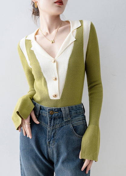 Italian Green V Neck Patchwork Knit Top Flare Sleeve
