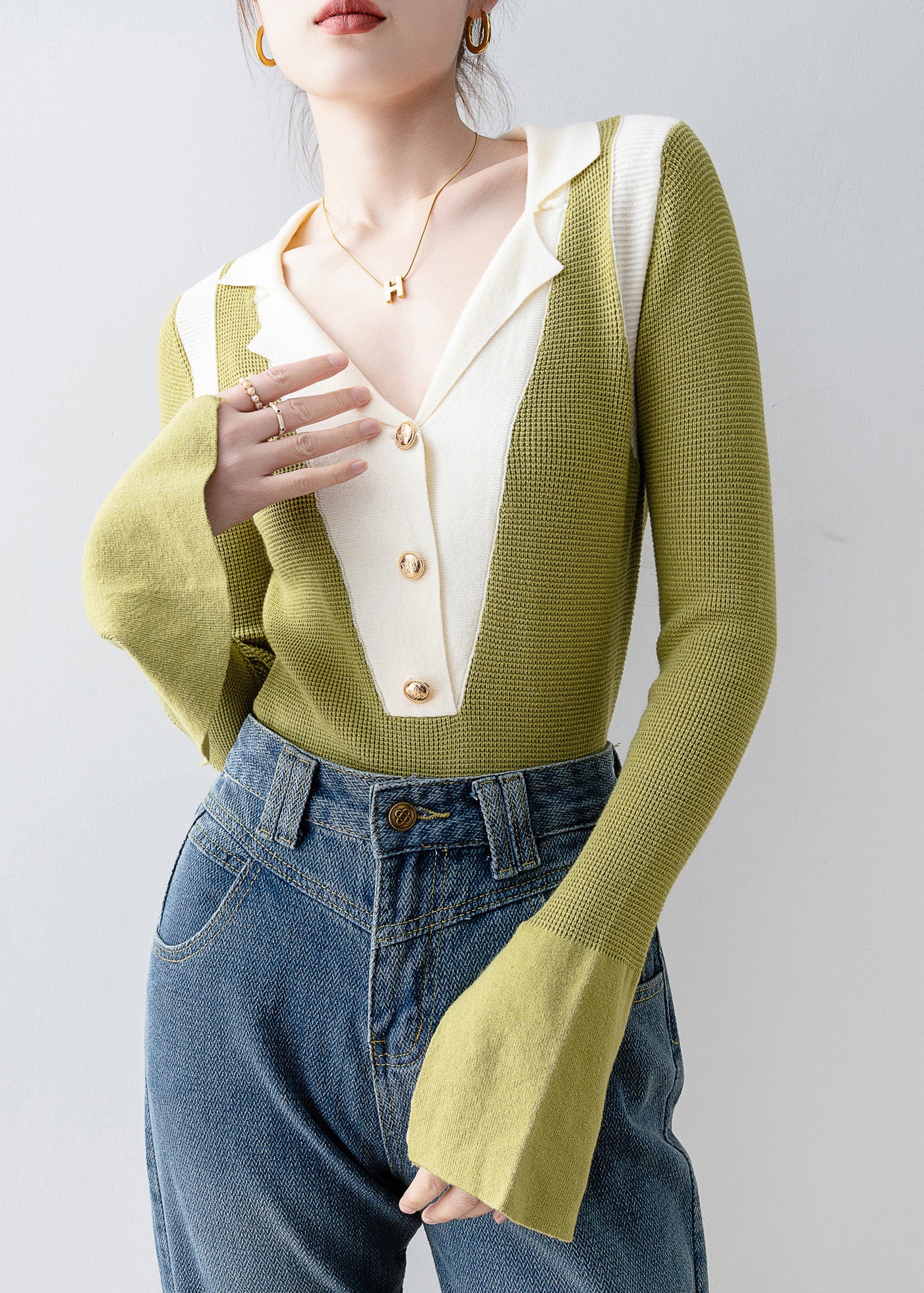 Italian Green V Neck Patchwork Knit Top Flare Sleeve