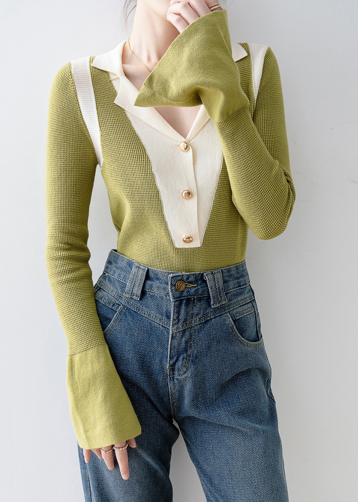 Italian Green V Neck Patchwork Knit Top Flare Sleeve