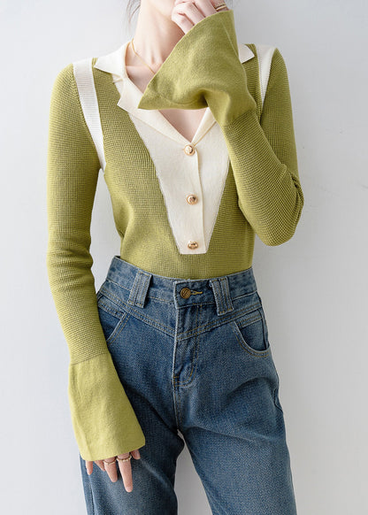 Italian Green V Neck Patchwork Knit Top Flare Sleeve