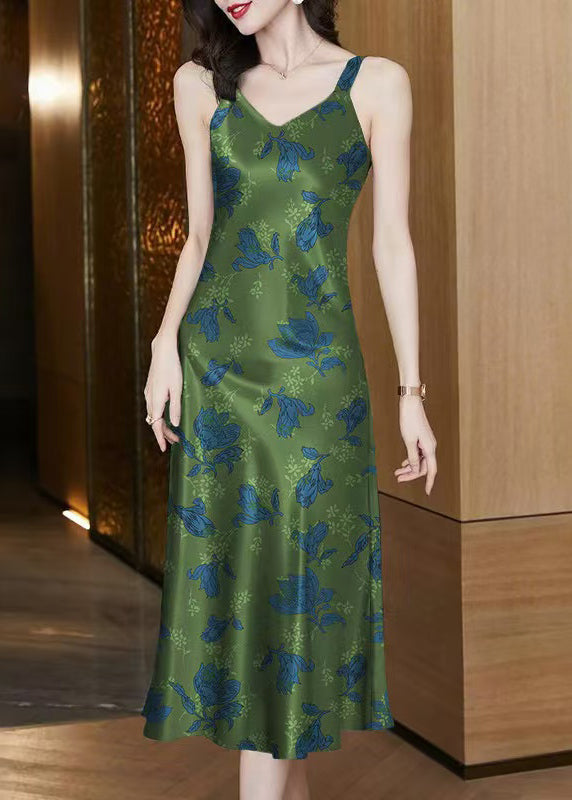 Italian Green V Neck Print Cotton Spaghetti Strap Dress Sleeveless
