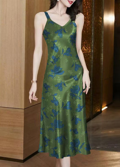 Italian Green V Neck Print Cotton Spaghetti Strap Dress Sleeveless