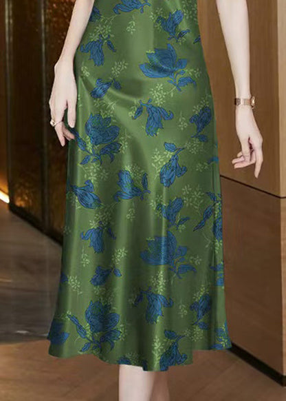 Italian Green V Neck Print Cotton Spaghetti Strap Dress Sleeveless