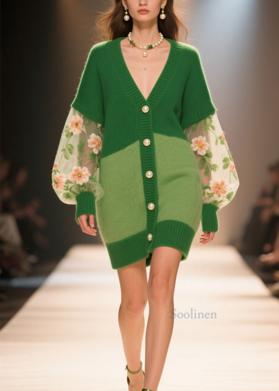 Italian Green V Neck Tulle Floral Patchwork Knit Cardigans Fall