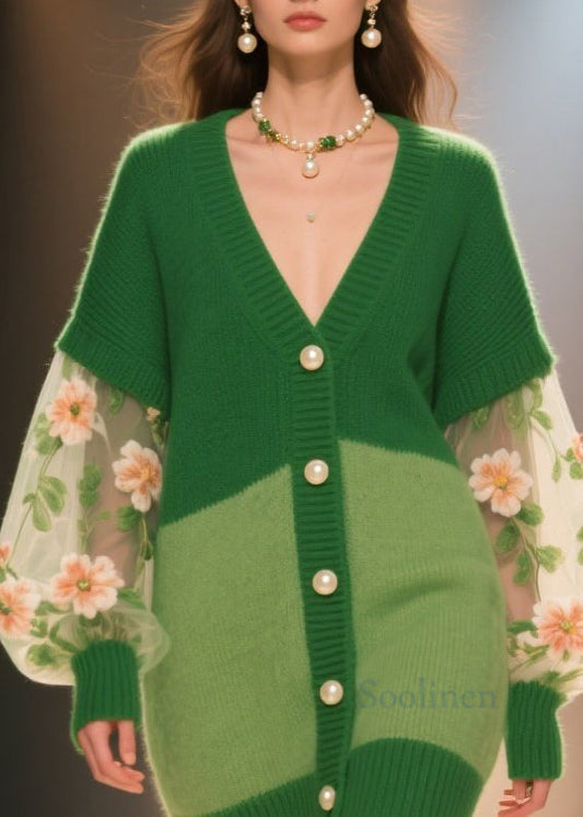 Italian Green V Neck Tulle Floral Patchwork Knit Cardigans Fall