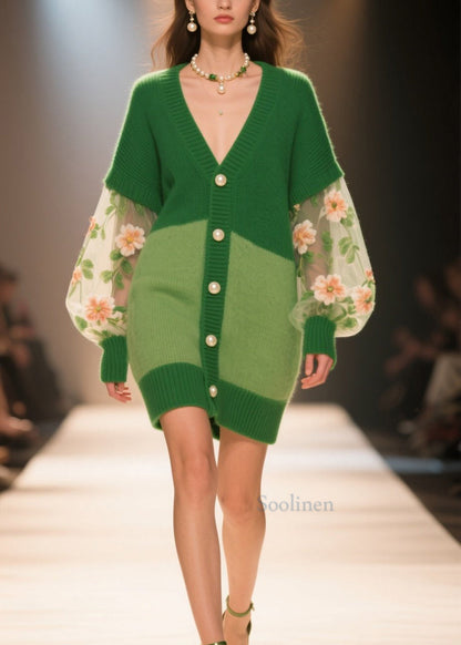 Italian Green V Neck Tulle Floral Patchwork Knit Cardigans Fall